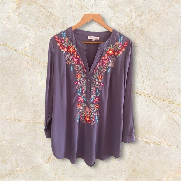 Solitaire Dove Tea Time Garden Tunic top dress gray embroidery colorful size L - Picture 1 of 16